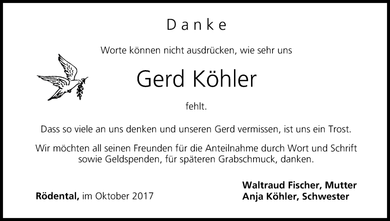  Traueranzeige für Gerd Köhler vom 28.10.2017 aus MGO