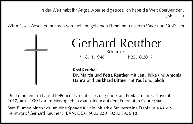  Traueranzeige für Gerhard Reuther vom 28.10.2017 aus MGO