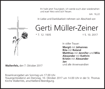 Anzeige von Gerti Müller-Zeiner von MGO