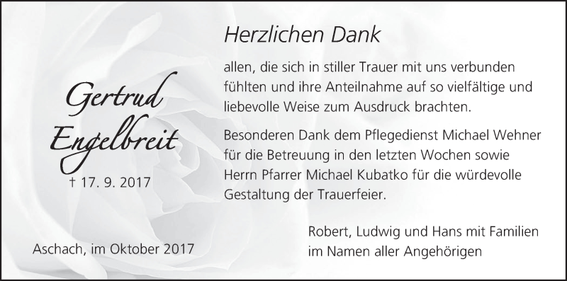  Traueranzeige für Gertrud Engelbreit vom 07.10.2017 aus MGO