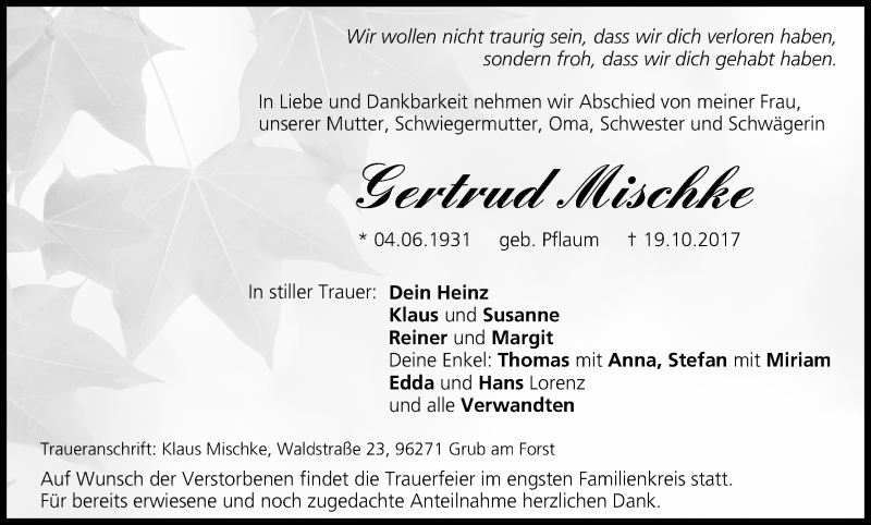 Traueranzeige für Gertrud Mischke vom 21.10.2017 aus MGO