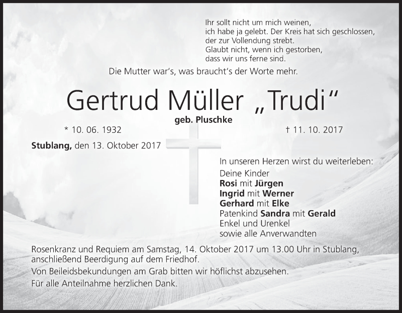  Traueranzeige für Gertrud Müller vom 13.10.2017 aus MGO
