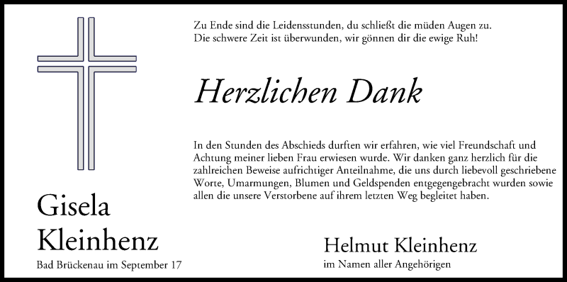  Traueranzeige für Gisela Kleinhenz vom 14.10.2017 aus MGO
