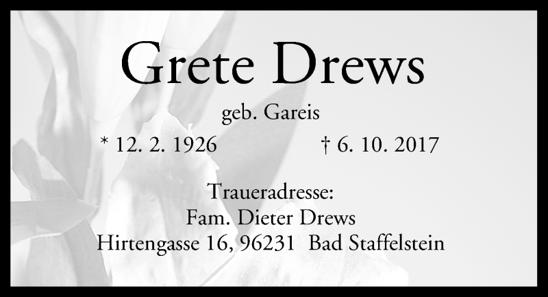  Traueranzeige für Grete Drews vom 23.10.2017 aus MGO