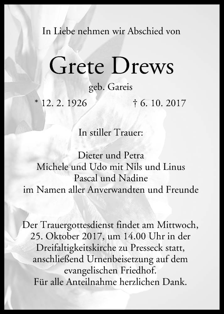  Traueranzeige für Grete Drews vom 21.10.2017 aus MGO