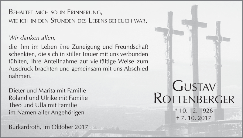  Traueranzeige für Gustav Rottenberger vom 28.10.2017 aus MGO