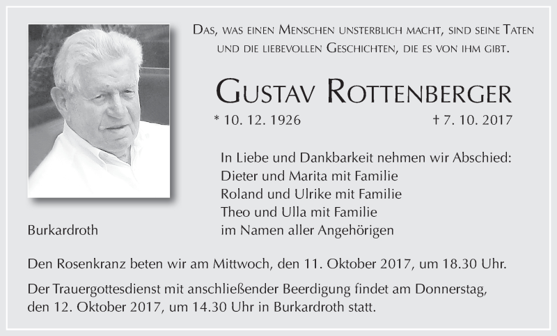  Traueranzeige für Gustav Rottenberger vom 10.10.2017 aus MGO