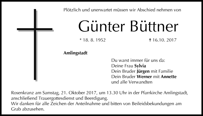  Traueranzeige für Günter Büttner vom 20.10.2017 aus MGO