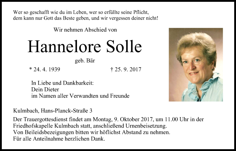  Traueranzeige für Hannelore Solle vom 05.10.2017 aus MGO