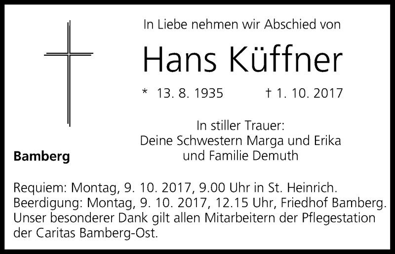  Traueranzeige für Hans Küffner vom 07.10.2017 aus MGO