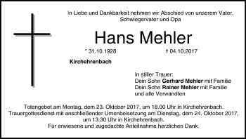 Anzeige von Hans Mehler von MGO