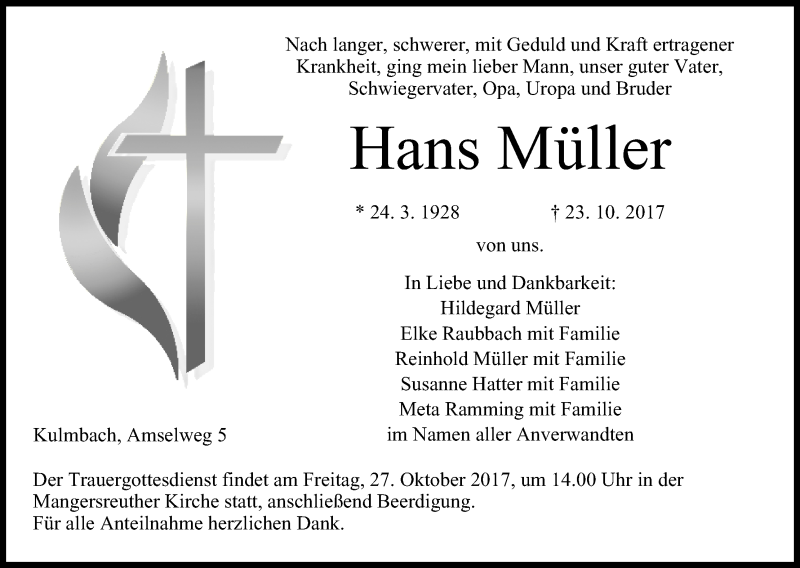  Traueranzeige für Hans Müller vom 25.10.2017 aus MGO