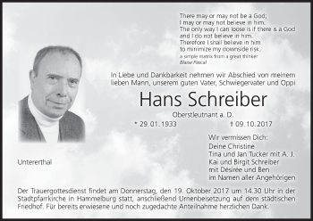 Anzeige von Hans Schreiber von MGO