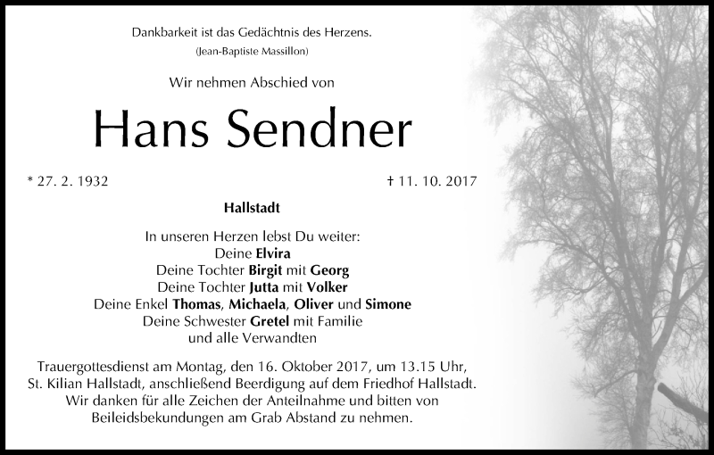  Traueranzeige für Hans Sendner vom 14.10.2017 aus MGO