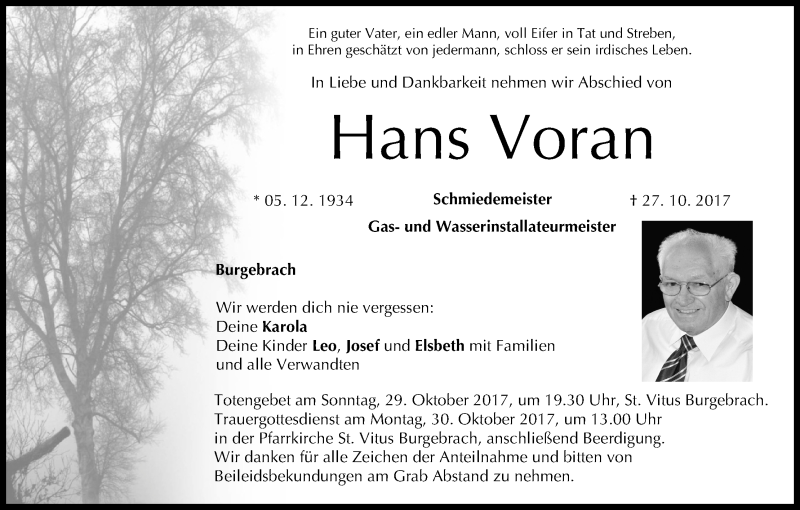  Traueranzeige für Hans Voran vom 28.10.2017 aus MGO