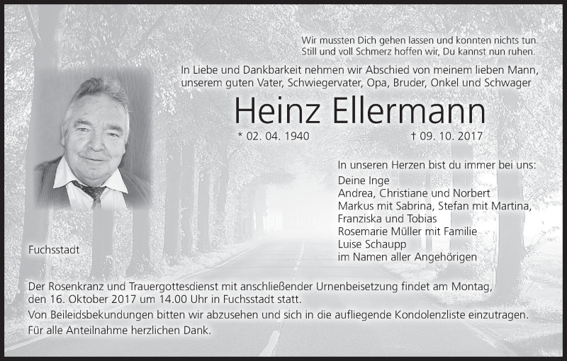  Traueranzeige für Heinz Ellermann vom 11.10.2017 aus MGO