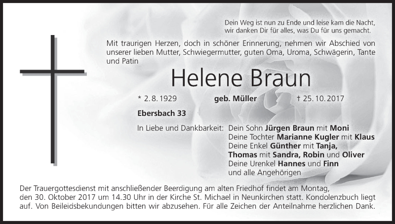  Traueranzeige für Helene Braun vom 27.10.2017 aus MGO