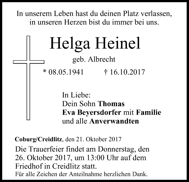  Traueranzeige für Helga Heinel vom 21.10.2017 aus MGO