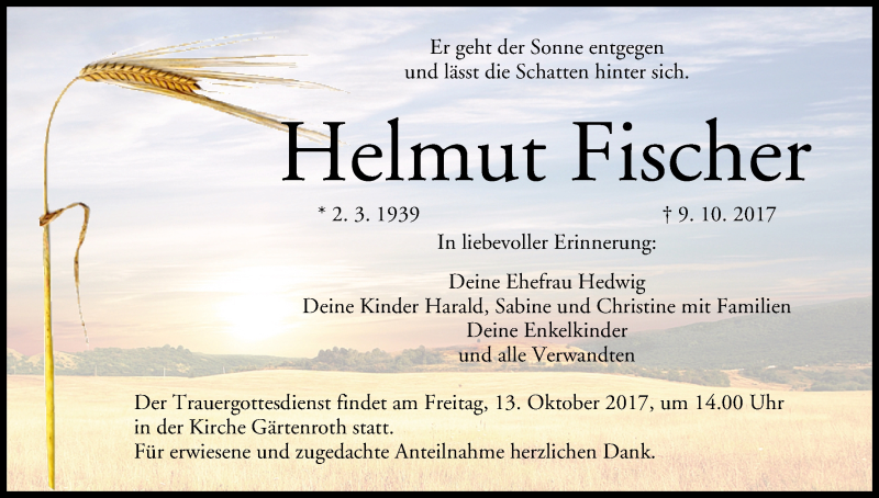  Traueranzeige für Helmut Fischer vom 12.10.2017 aus MGO