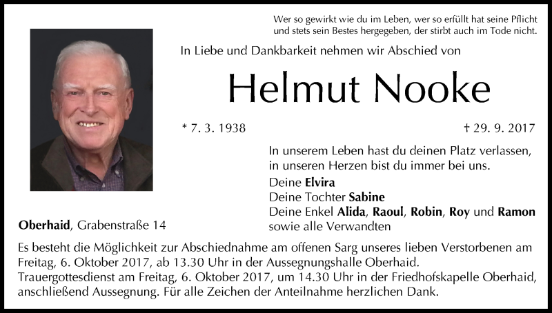  Traueranzeige für Helmut Nooke vom 03.10.2017 aus MGO