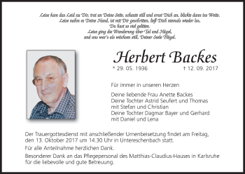 Anzeige von Herbert Backes von MGO