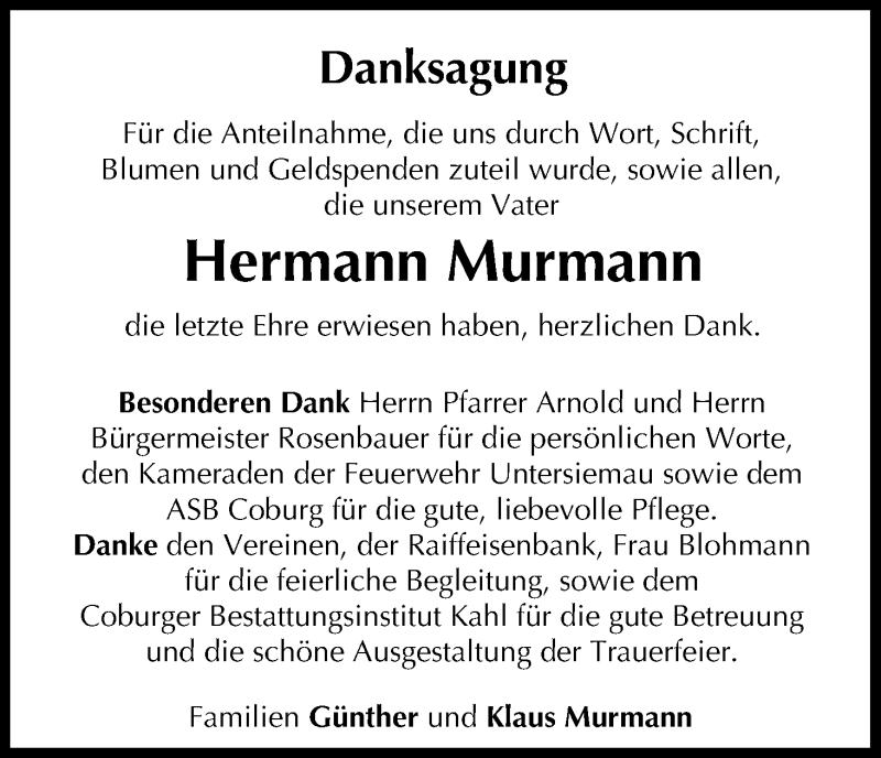  Traueranzeige für Hermann Murmann vom 28.10.2017 aus MGO