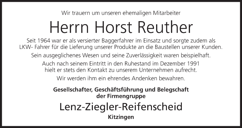  Traueranzeige für Horst Reuther vom 27.10.2017 aus MGO