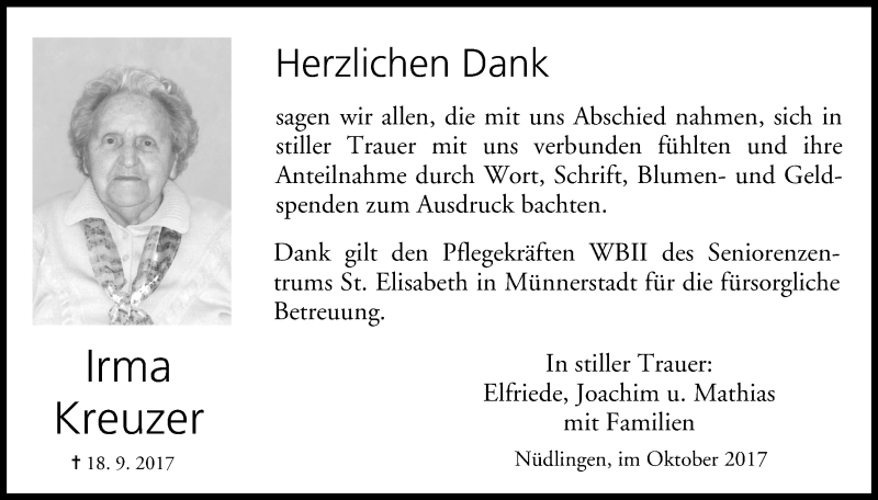  Traueranzeige für Irma Kreuzer vom 11.10.2017 aus MGO