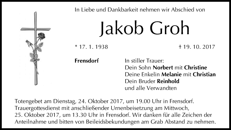  Traueranzeige für Jakob Groh vom 21.10.2017 aus MGO