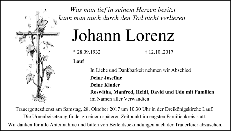  Traueranzeige für Johann Lorenz vom 21.10.2017 aus MGO