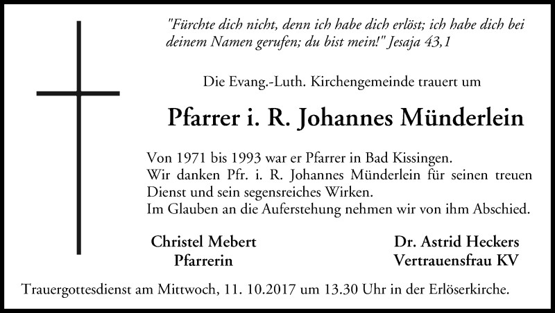  Traueranzeige für Johannes Münderlein vom 11.10.2017 aus MGO