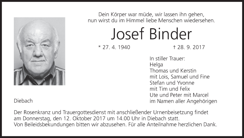  Traueranzeige für Josef Binder vom 07.10.2017 aus MGO