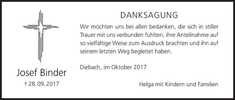  Traueranzeige für Josef Binder vom 28.10.2017 aus MGO