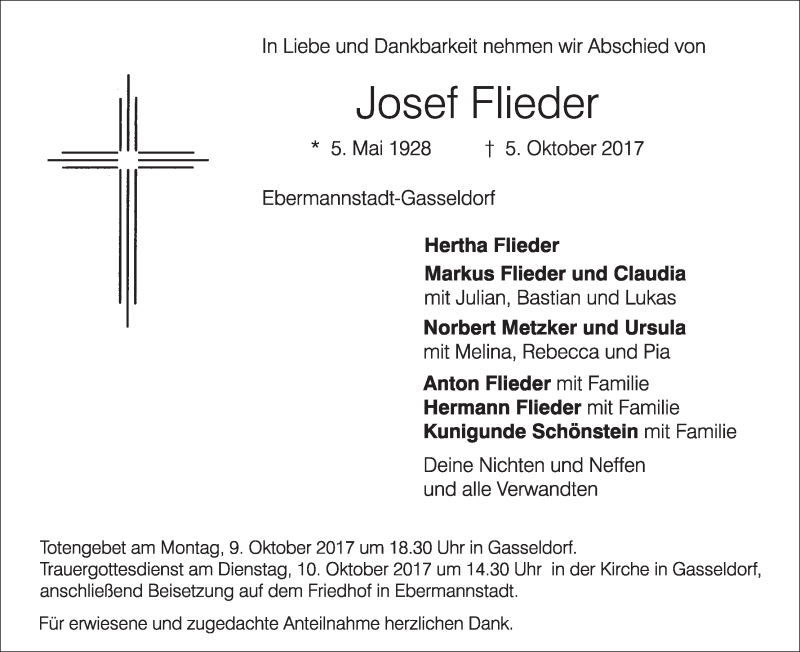  Traueranzeige für Josef Flieder vom 07.10.2017 aus MGO