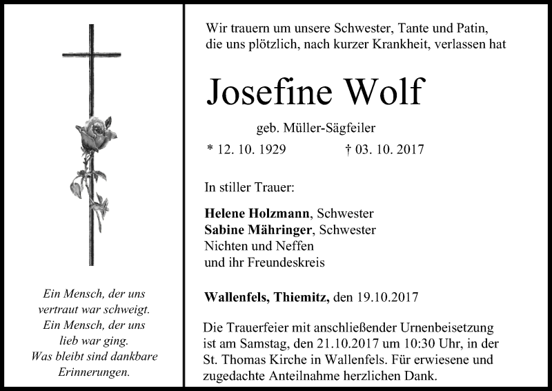  Traueranzeige für Josefine Wolf vom 19.10.2017 aus MGO