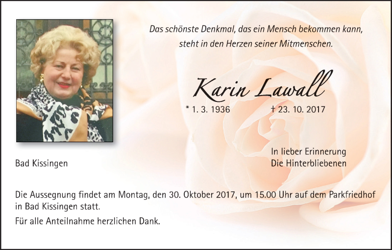  Traueranzeige für Karin Lawall vom 27.10.2017 aus MGO