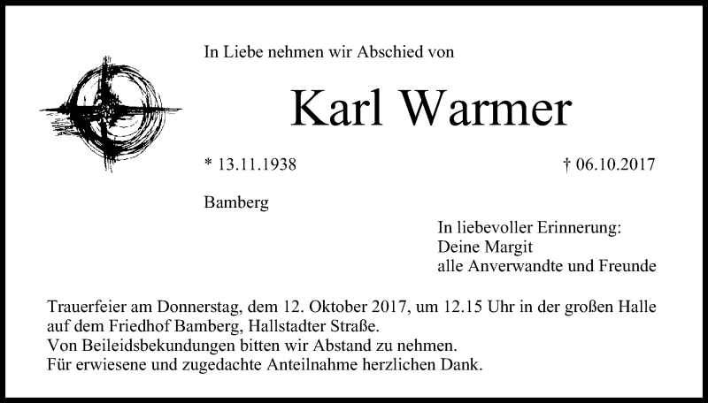  Traueranzeige für Karl Warmer vom 11.10.2017 aus MGO
