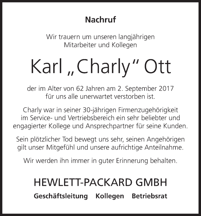  Traueranzeige für Karl Charly Ott vom 25.10.2017 aus MGO