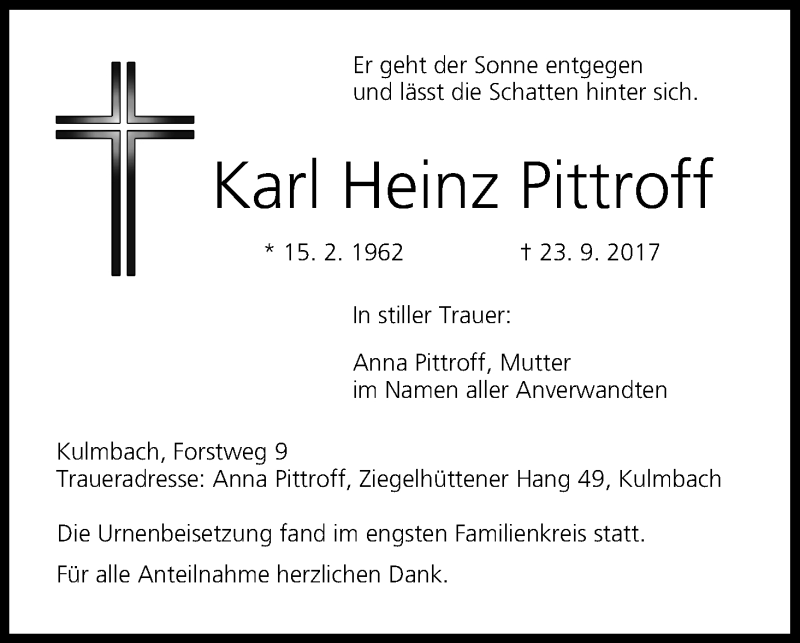  Traueranzeige für Karl Heinz Pittroff vom 18.10.2017 aus MGO