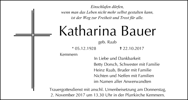  Traueranzeige für Katharina Bauer vom 28.10.2017 aus MGO