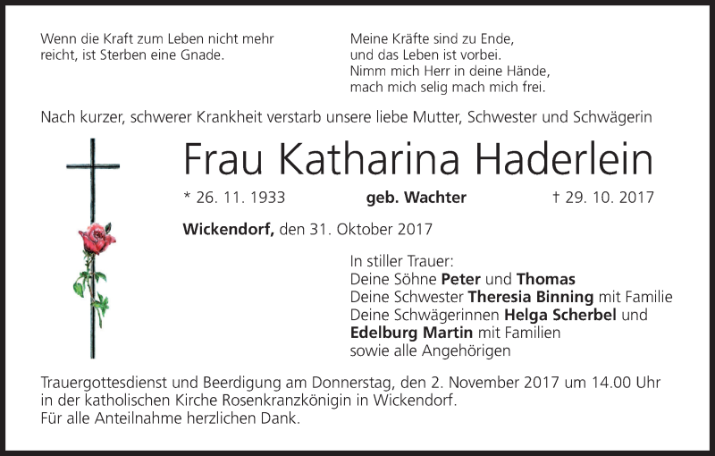  Traueranzeige für Katharina Haderlein vom 31.10.2017 aus MGO