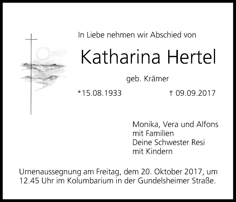  Traueranzeige für Katharina Hertel vom 18.10.2017 aus MGO