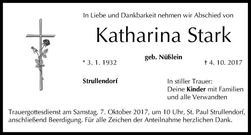  Traueranzeige für Katharina Stark vom 06.10.2017 aus MGO