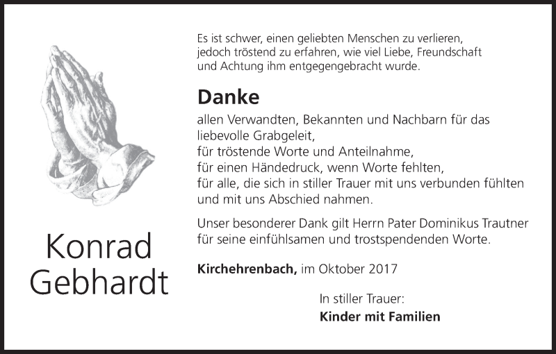  Traueranzeige für Konrad Gebhardt vom 21.10.2017 aus MGO