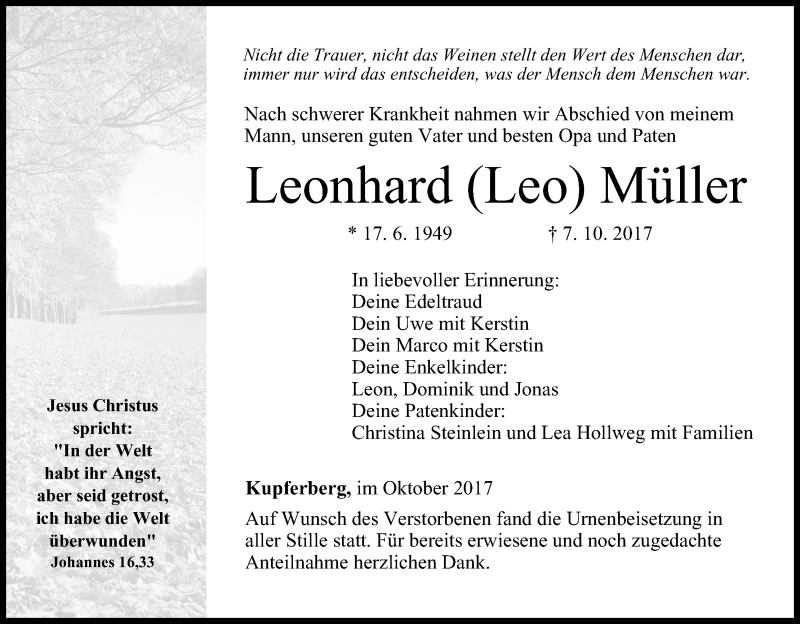  Traueranzeige für Leonhard  Müller vom 28.10.2017 aus MGO