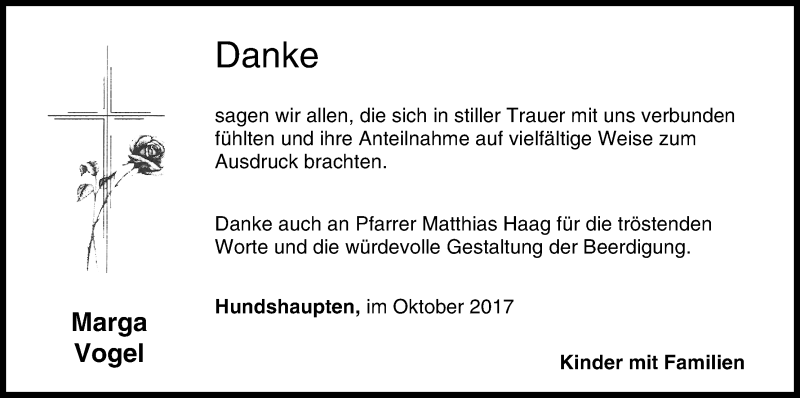  Traueranzeige für Marga Vogel vom 21.10.2017 aus MGO