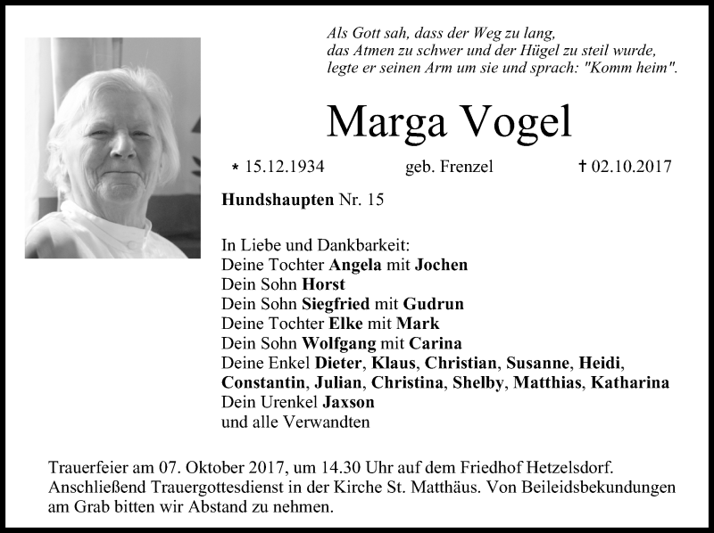  Traueranzeige für Marga Vogel vom 05.10.2017 aus MGO