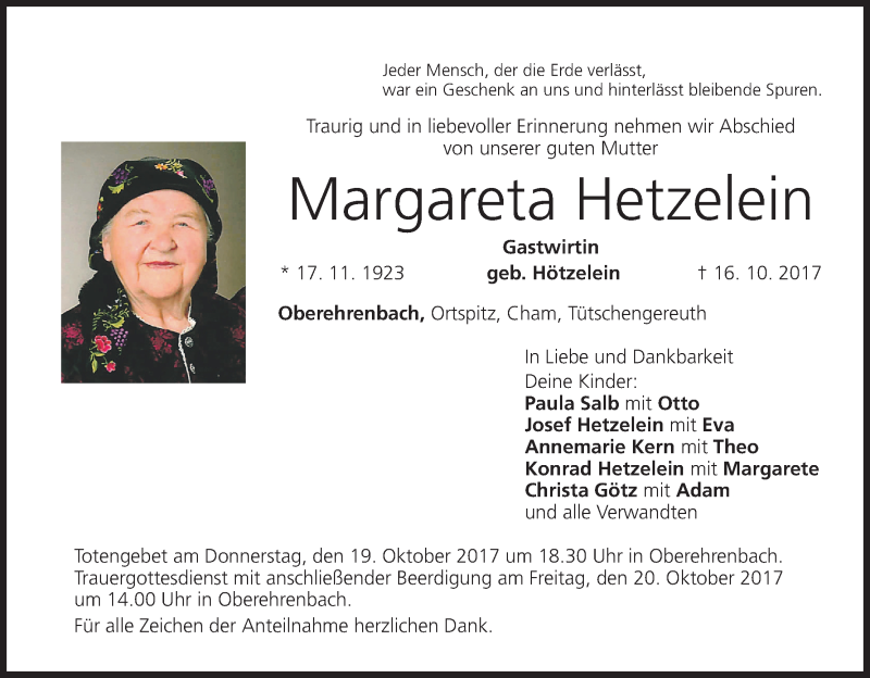  Traueranzeige für Margareta Hetzelein vom 18.10.2017 aus MGO