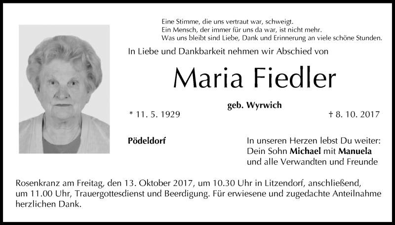  Traueranzeige für Maria Fiedler vom 11.10.2017 aus MGO