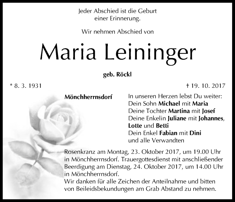 Traueranzeige für Maria Leinfinger vom 20.10.2017 aus MGO